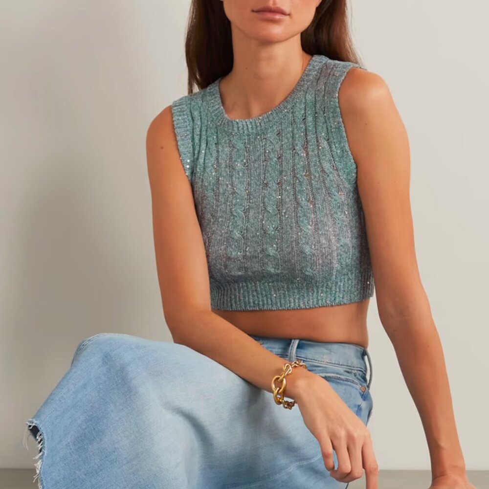 Brunello Cucinelli SS/23 Blue Linen-Blend Sequin Embellished Knit Vest